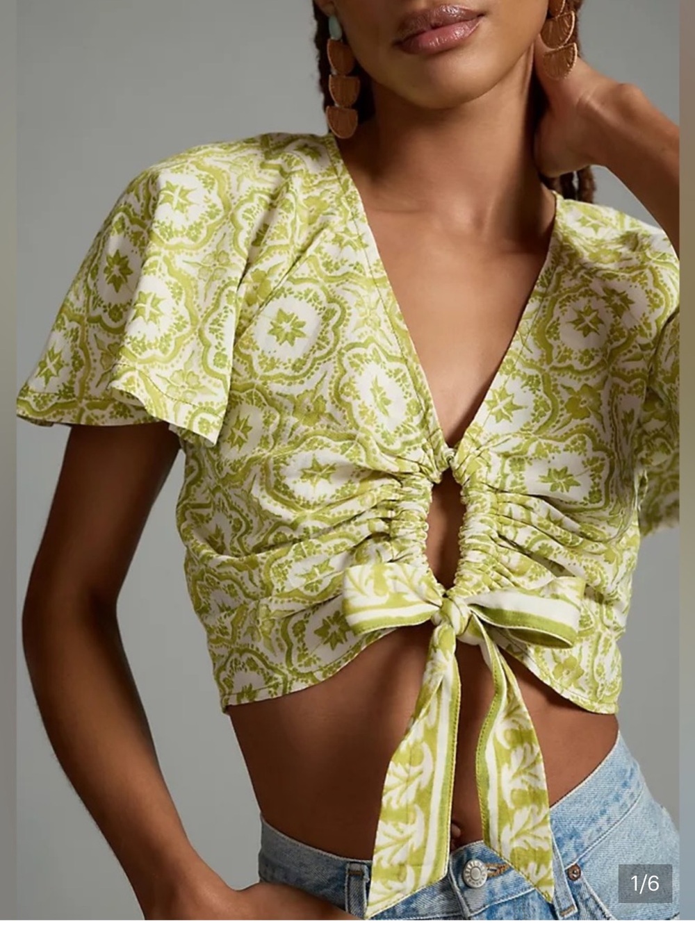 Pilcro Anthropologie Flutter sleeve linen blend cropped top M